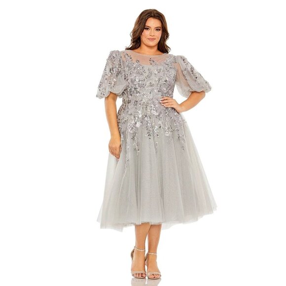 NWT Mac Duggal Gray Puff Sleeve Glitter Embellished Dress Charcoal 20W #7854 - Picture 1 of 7